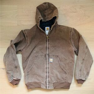 Carhartt Hooded Quilt Lined Jacket Brown Workwear 100% Cotton Kids XL